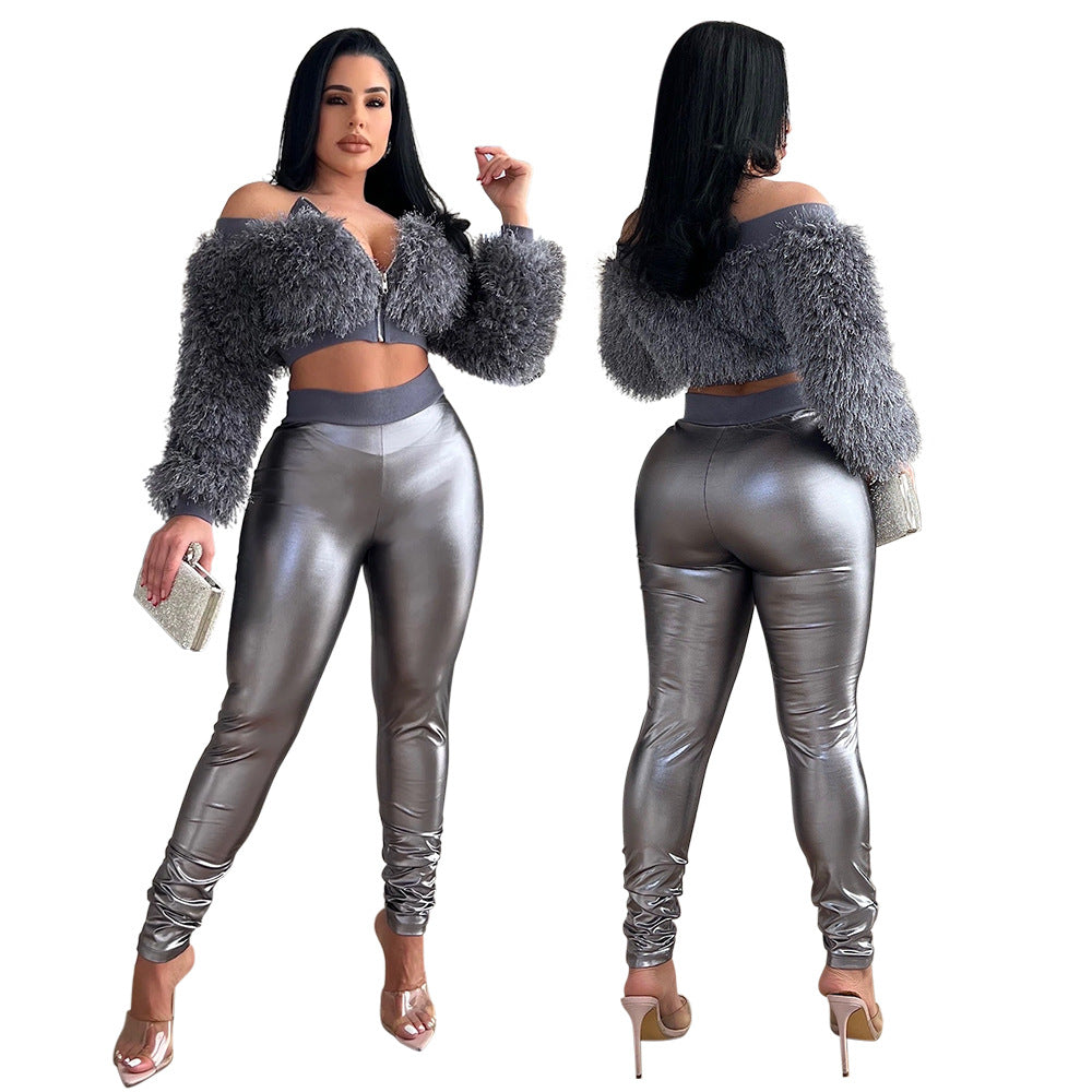 Women's Fashion Off-shoulder Long Sleeve Slim-fit Trousers Two-piece Set