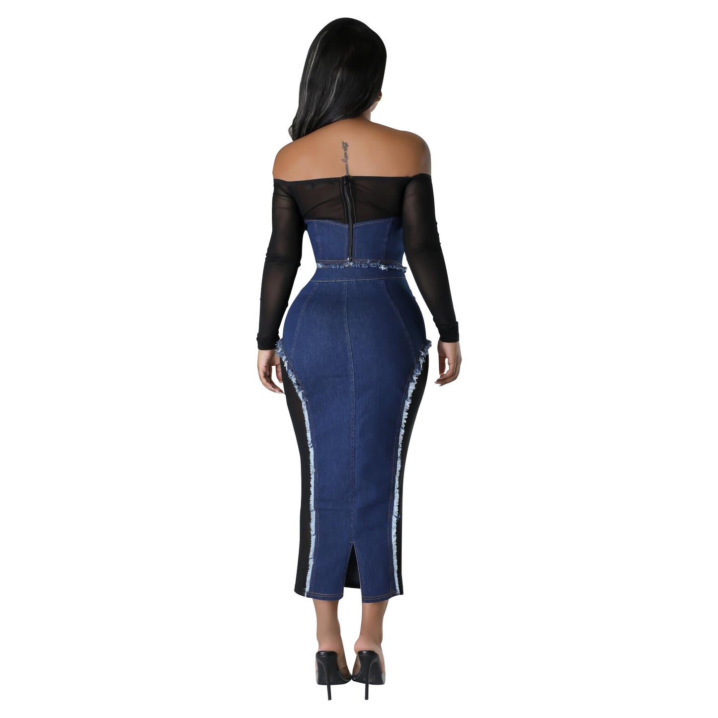 Women's Fashion Mesh Denim Stitching See-through Tube Top Skirt Two-piece Set