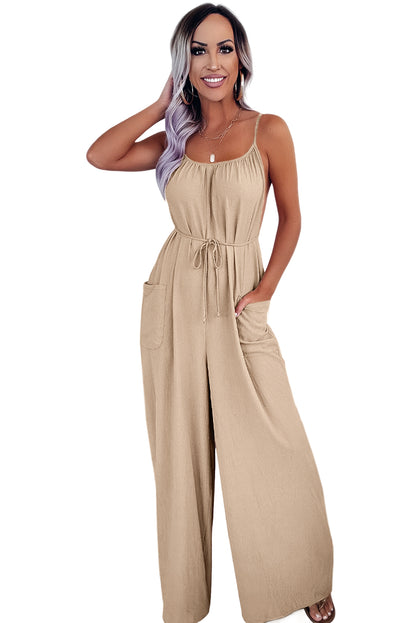 Apricot Spaghetti Straps Waist Tie Wide Leg Jumpsuit with Pockets