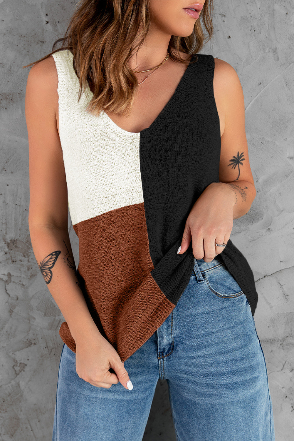 Color Block V-Neck Knit Vest