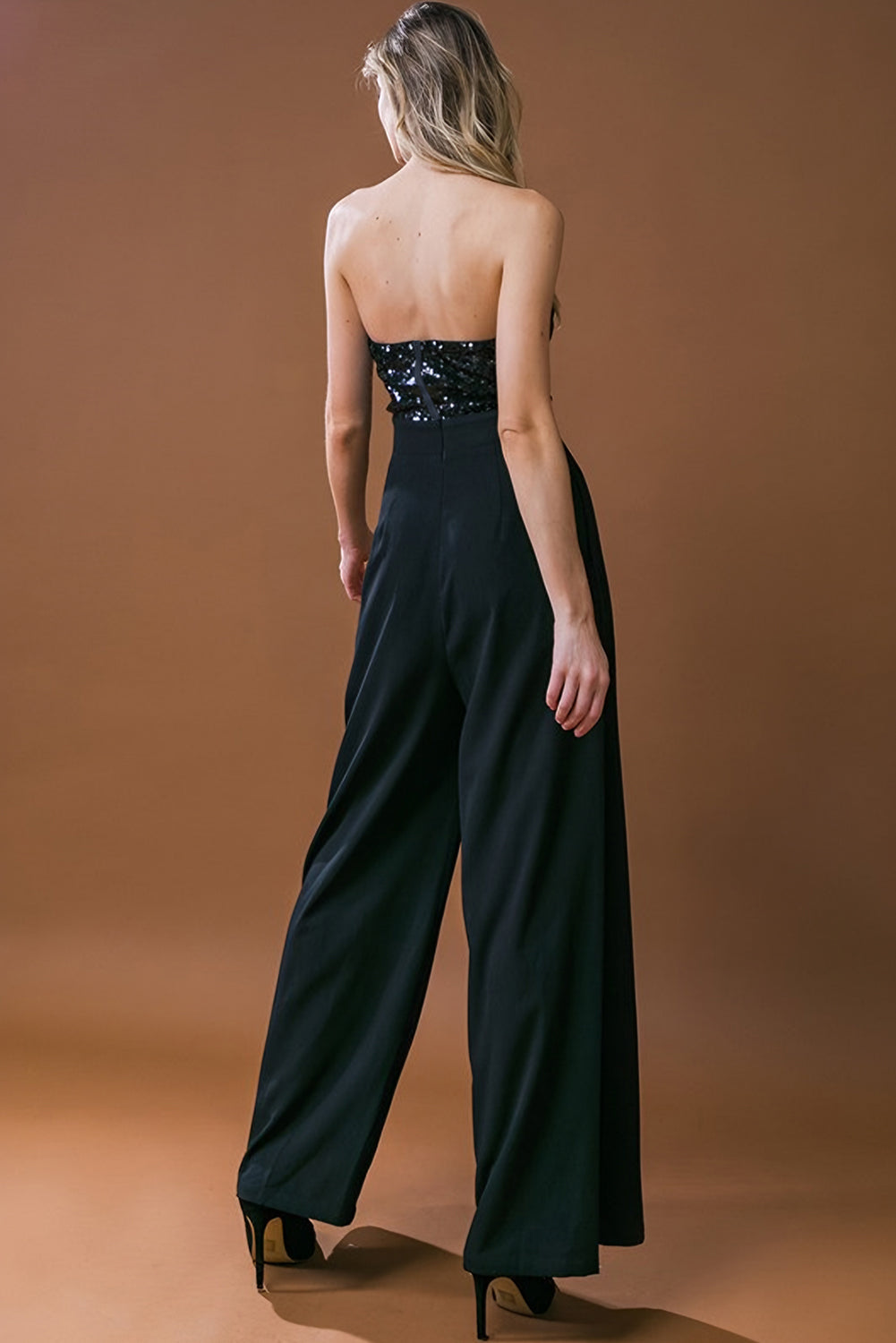 Black Sequin Tube Top Wide Leg Jumpsuit