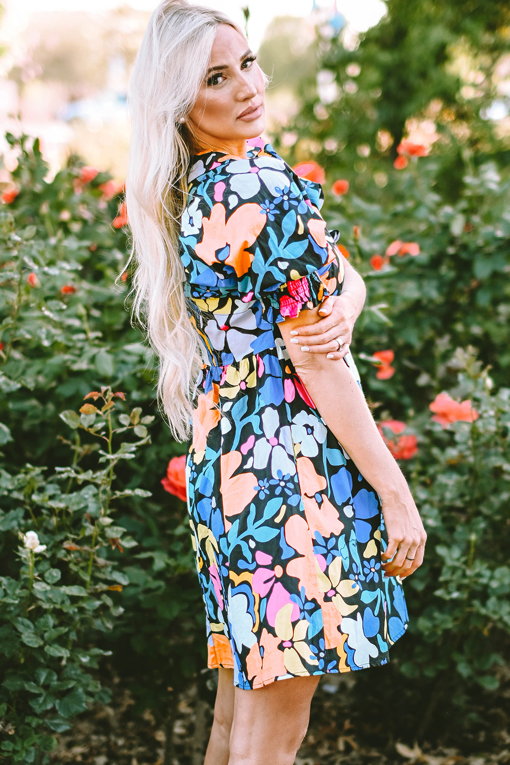 Blue Collared Split Neck Floral Flared Dress