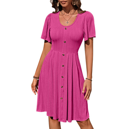 Women's Round Neck Button Stretch Casual Short Sleeve Dress