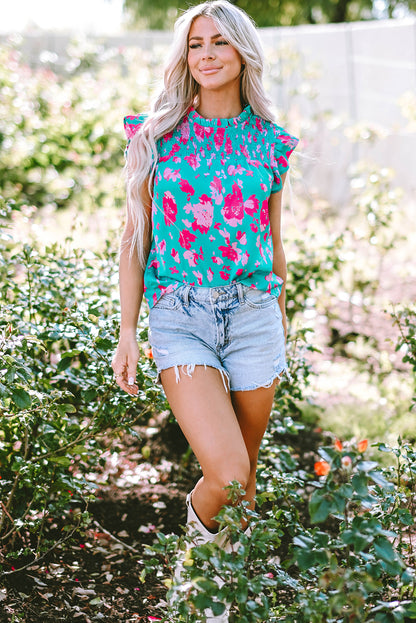 Blouse froncée à manches flottantes et à volants fleuris vert