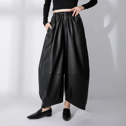 Black Matte Protein Environmentally Friendly PU Leather High-waisted Trousers Thin Velvet Simple