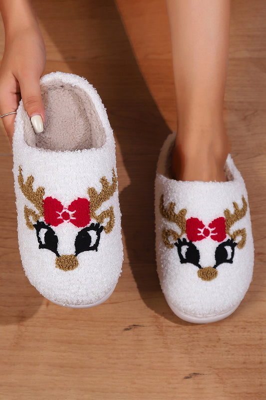 Pantuflas de felpa con patrón de dibujos animados de Navidad blanca