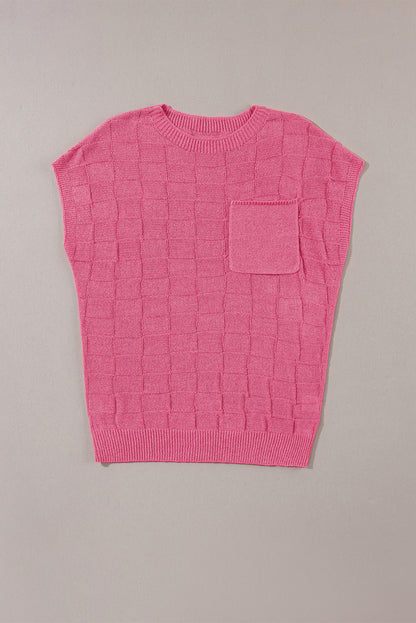 Pull à manches courtes en tricot texturé en treillis rose poussiéreux