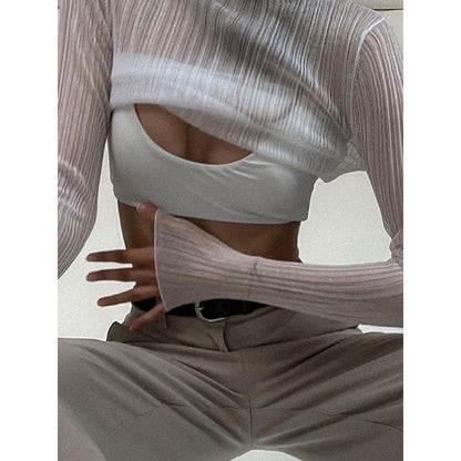 Women's Spring Clothing Long Sleeve Mesh See-through T-shirt Women's Solid Color Turtleneck Slim Top