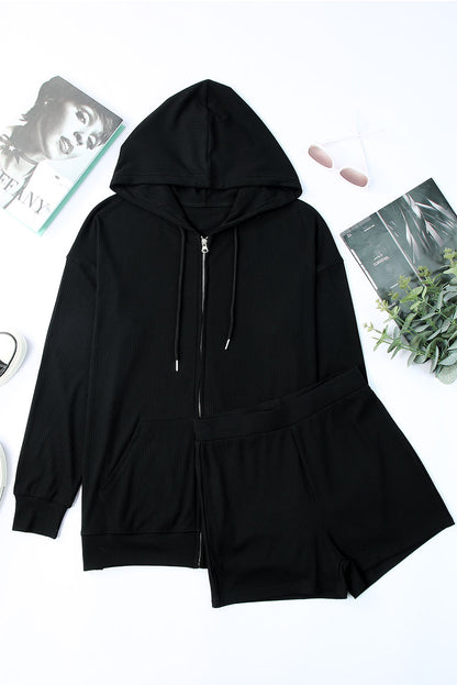 Drawstring Zip Up Sweatshirt and Shorts Set