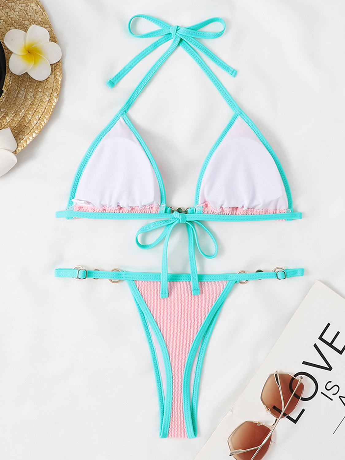 Conjunto de bikini de dos piezas con cuello halter en contraste texturizado