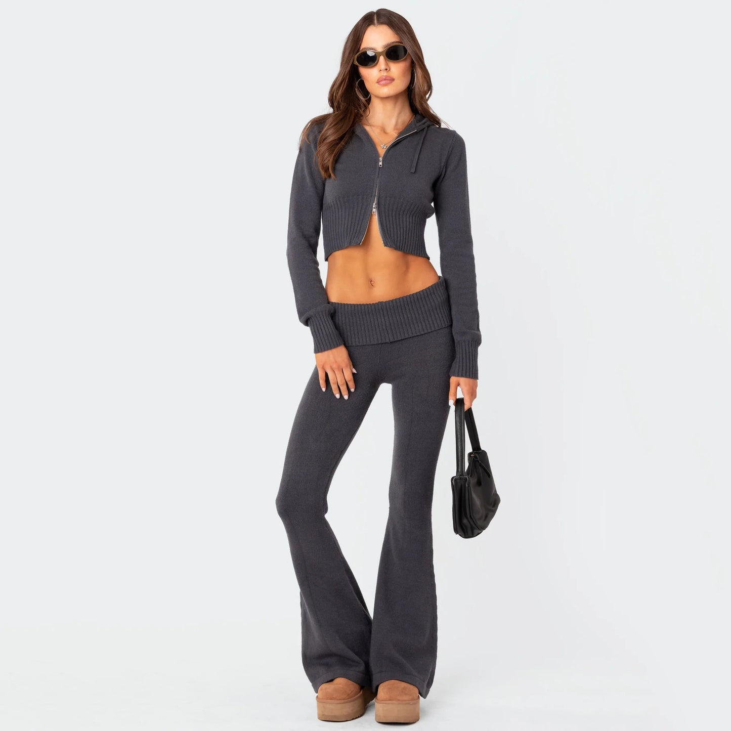 Women's Fashion High Waist Long Sleeves Trousers Knitted Hooded Suits