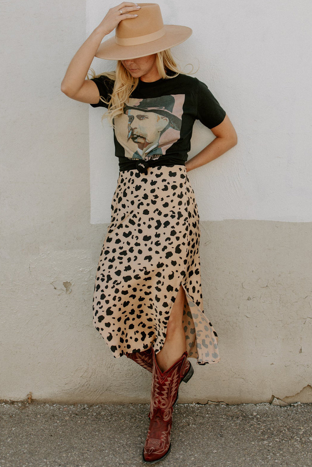 Beige Leopard Spots Printed Split Hem Midi Skirt