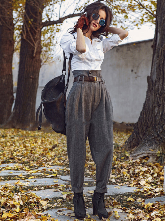 Casual Retro High-Waist Woolen Striped Slim-Fitting Pants