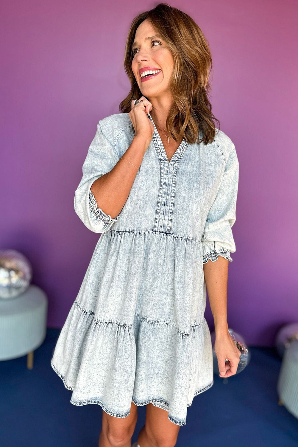 Dusk Blue Acid Wash Retro Half Sleeve Flared Denim Dress