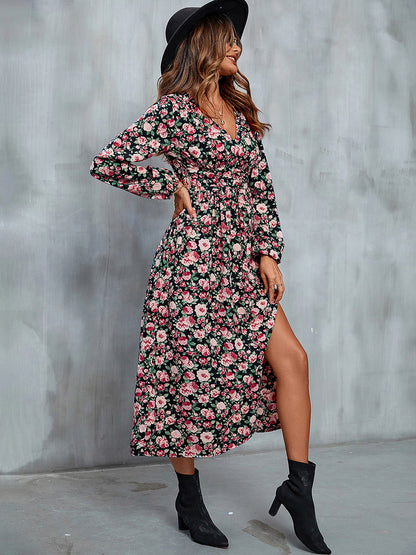 Robe midi fendue à col en V et motif floral