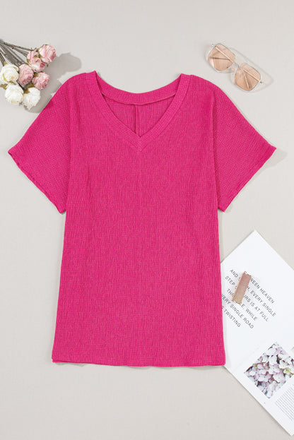 Blue Sapphire Crinkled V Neck Wide Sleeve T-shirt