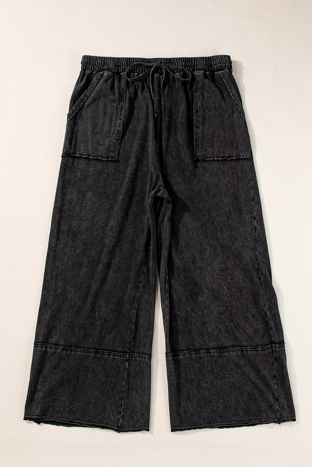 Black Plus Mineral Wash Exposed Seam Wide Leg Cropped Pants