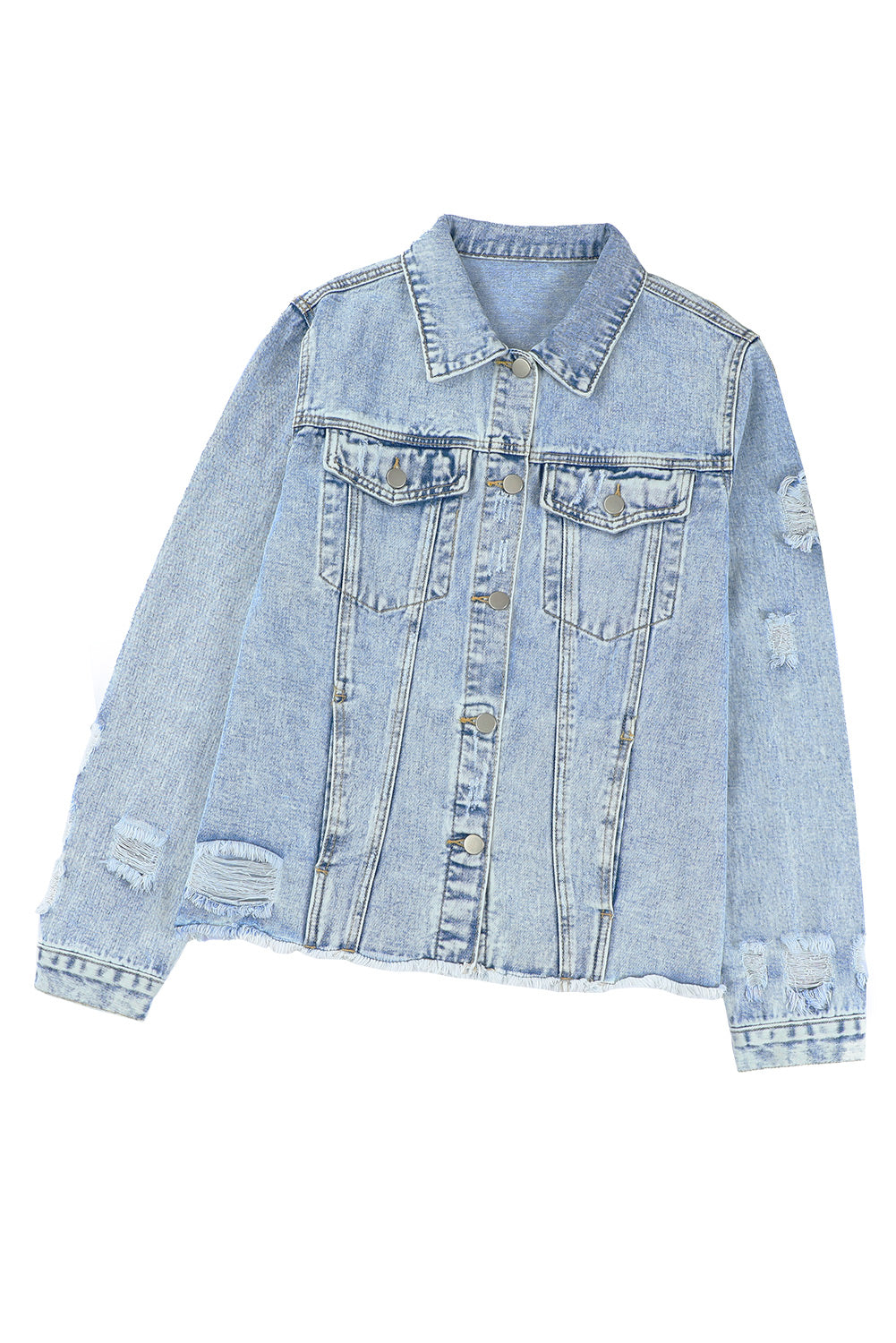 Blue Lapel Distressed Raw Hem Buttons Denim Jacket