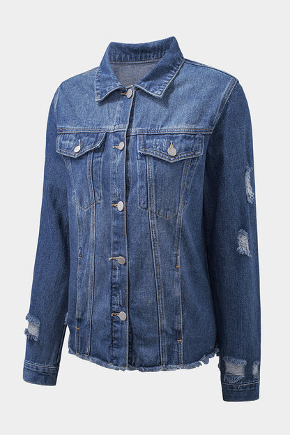 Blue Lapel Distressed Raw Hem Buttons Denim Jacket