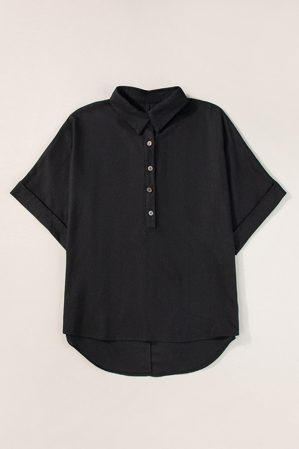 Black Collared Half Buttons Folded Short Sleeve Oversize Top