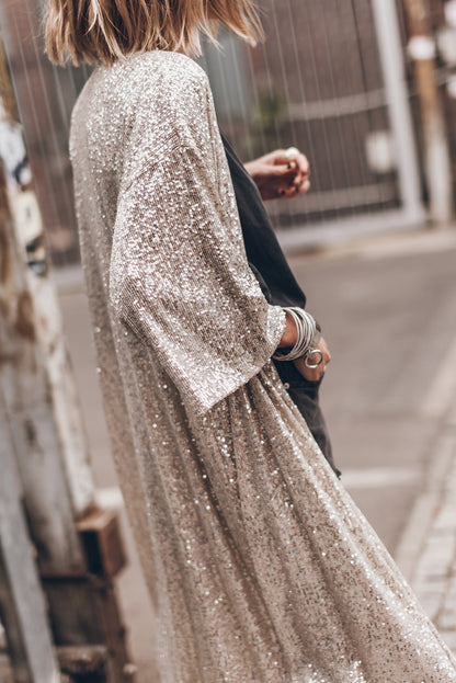 Apricot Sequin 3/4 Sleeve Open Front Duster Kimono