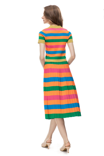 Women's Casual Fashion Printing Knitted Colorful Striped Top Mid-length Dress Set