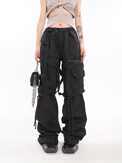 Women's Multi-pocket Tooling Ribbon High Waist Casual Wide Leg Pants