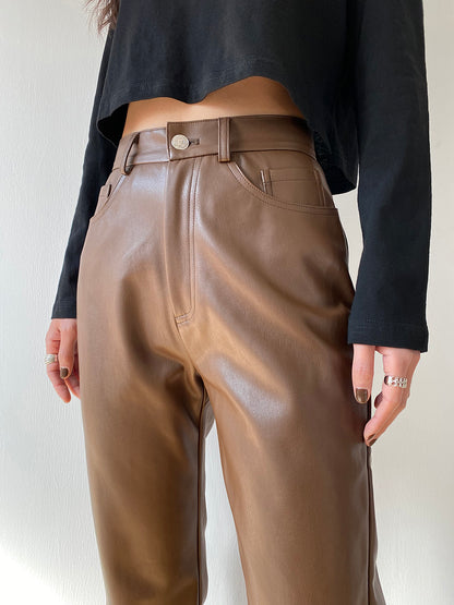 Pantalon en cuir PU marron taille haute, Slim Fit, hanches amincissantes, pantalon en cuir à jambe droite en cachemire