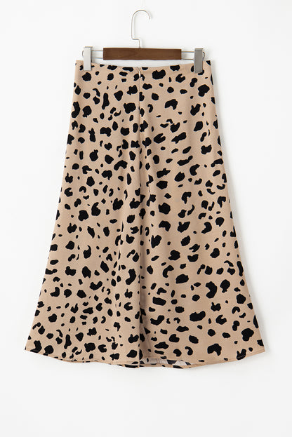 Beige Leopard Spots Printed Split Hem Midi Skirt