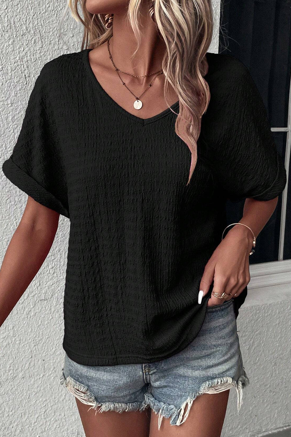 Black Textured Rolled Short Sleeve V Neck Tee