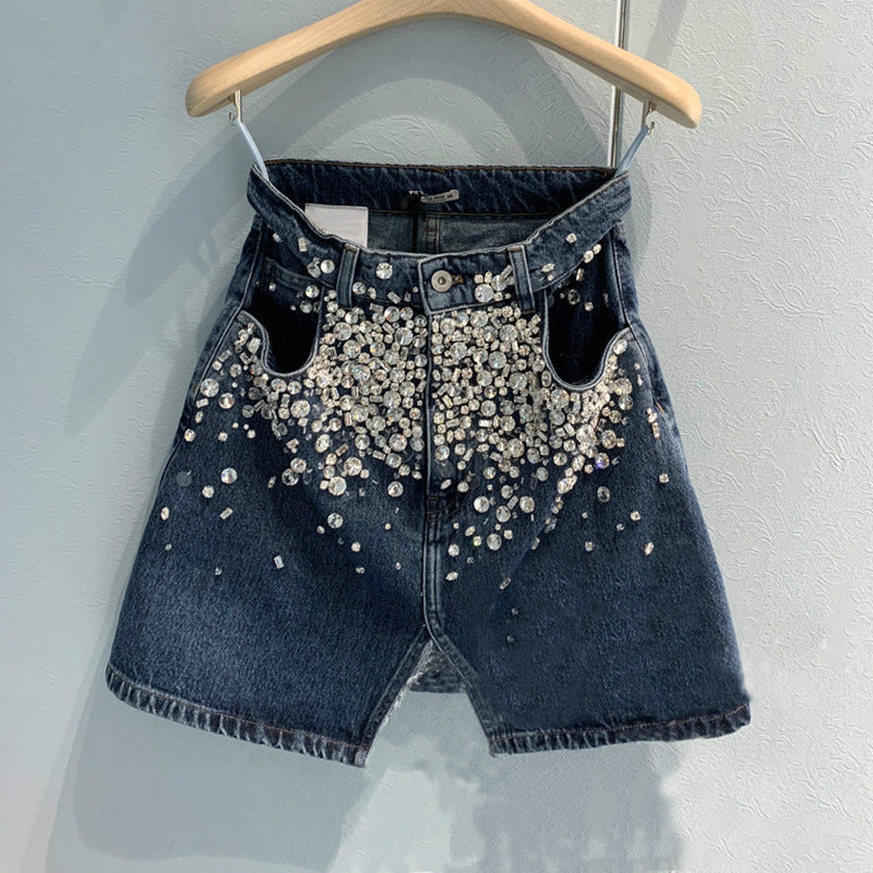 Beaded and diamond front split denim skirt