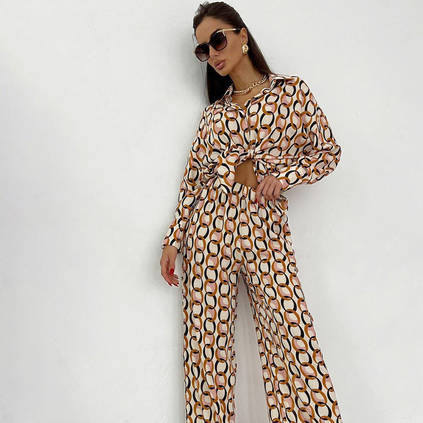 Women's Fashionable Printed Long-sleeved Trousers Pajamas Two-piece Set