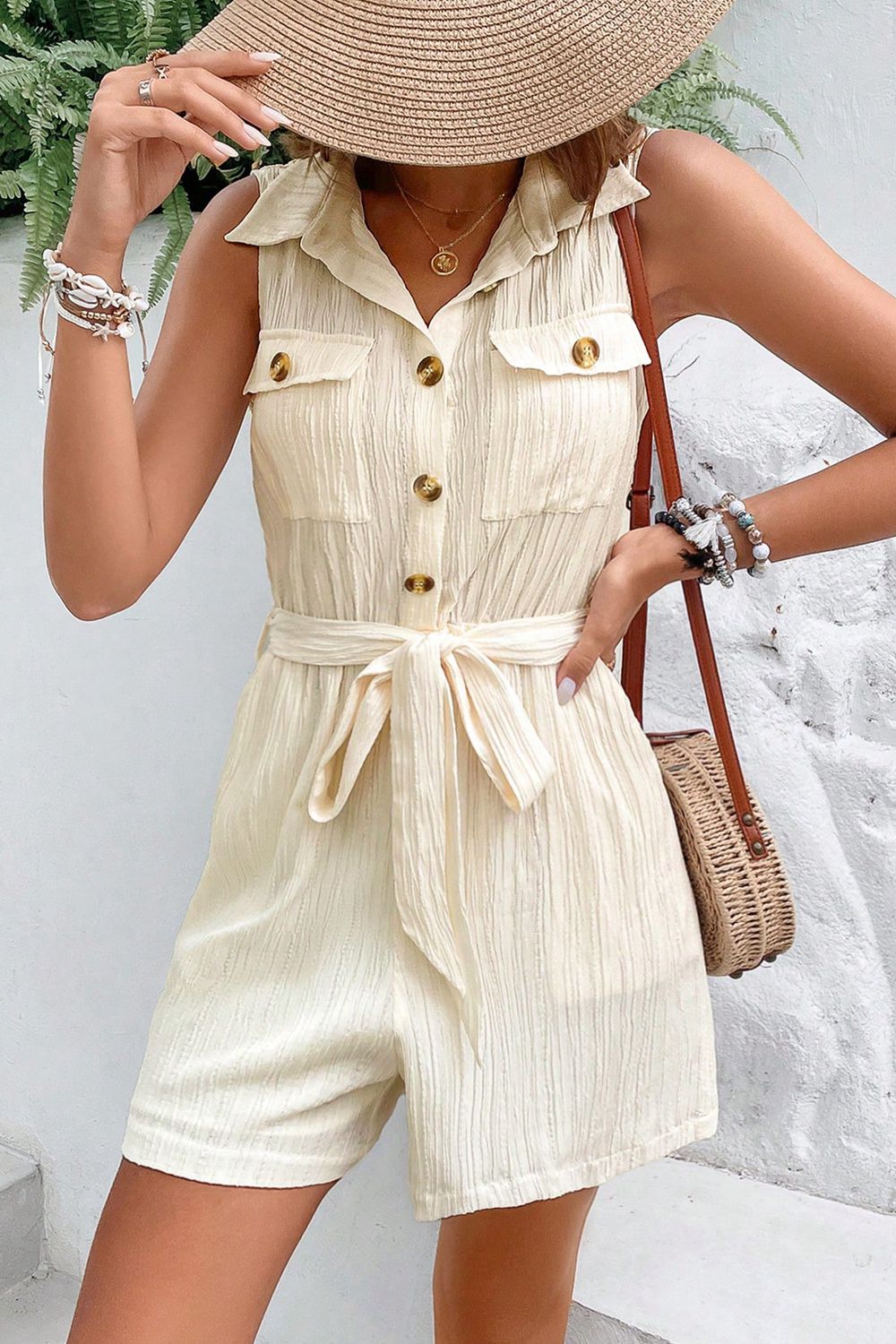 Collared Neck Buttoned Tie Waist Sleeveless Romper