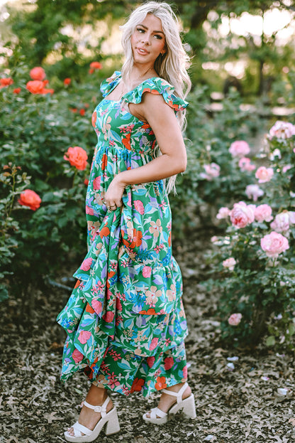 Robe longue à volants et à volants sans manches à imprimé floral vert