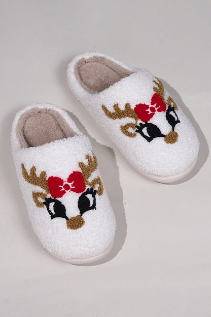 Pantuflas de felpa con patrón de dibujos animados de Navidad blanca