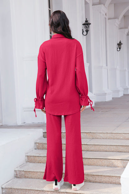 Ensemble chemise et pantalon à manches volantées et cordon de serrage