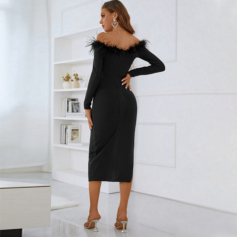 Women's Long Sleeve One-Line Neck Dress Bandage Premium Feather