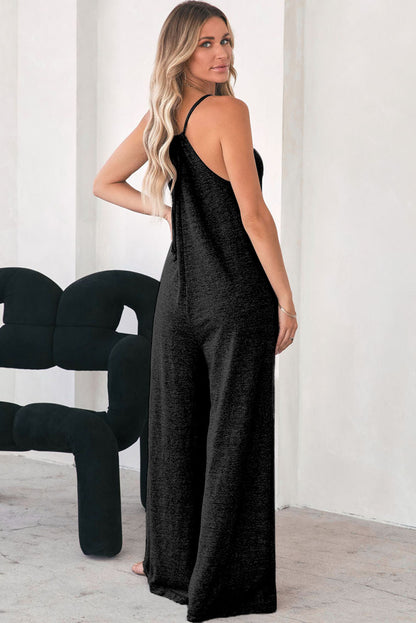 Black Patch Pockets Spaghetti Strap Wide Leg Jumpsuit