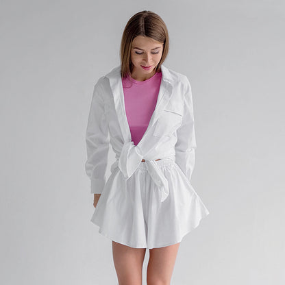 Women's White Cotton Cardigan Pajamas Two-piece Set