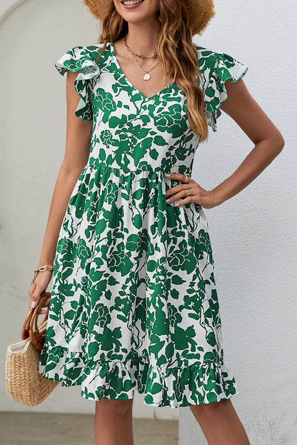 Robe vert foncé à imprimé feuilles et col en V à manches flottantes