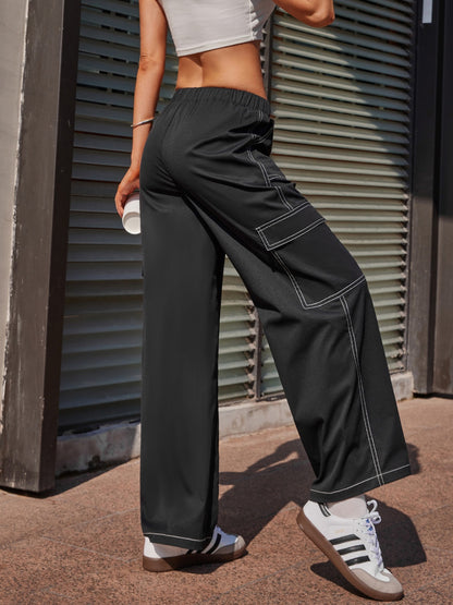 Contrast Stitching Pocketed Wide Leg Pants