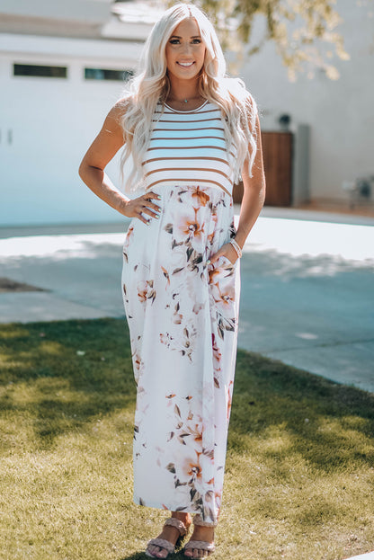 Vestido largo sin mangas con estampado floral de rayas blancas con bolsillo