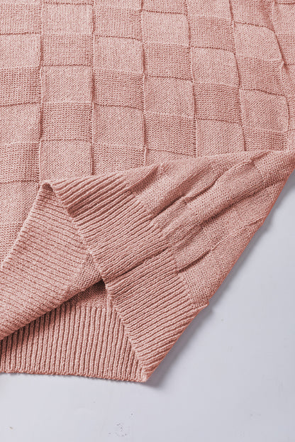 Pull à manches courtes en tricot texturé en treillis rose poussiéreux