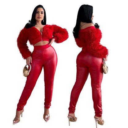 Women's Fashion Off-shoulder Long Sleeve Slim-fit Trousers Two-piece Set