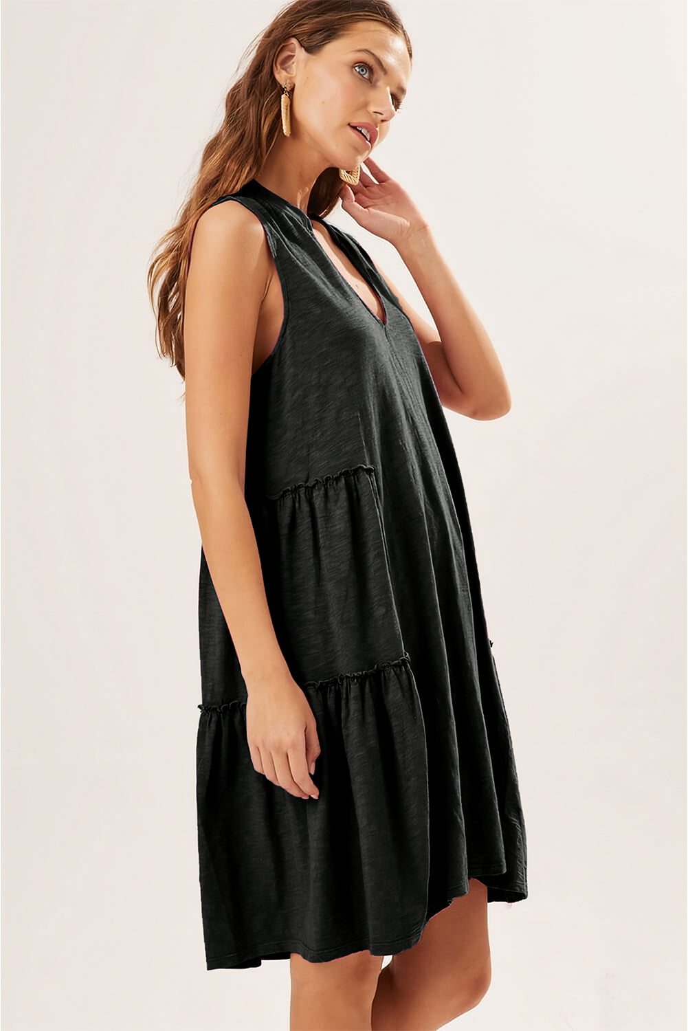 Black Split V Neck Tiered Flowy Sleeveless Dress