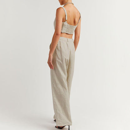 Cotton And Linen Women's Suspender Vest Wide Leg Pants Two-piece Set