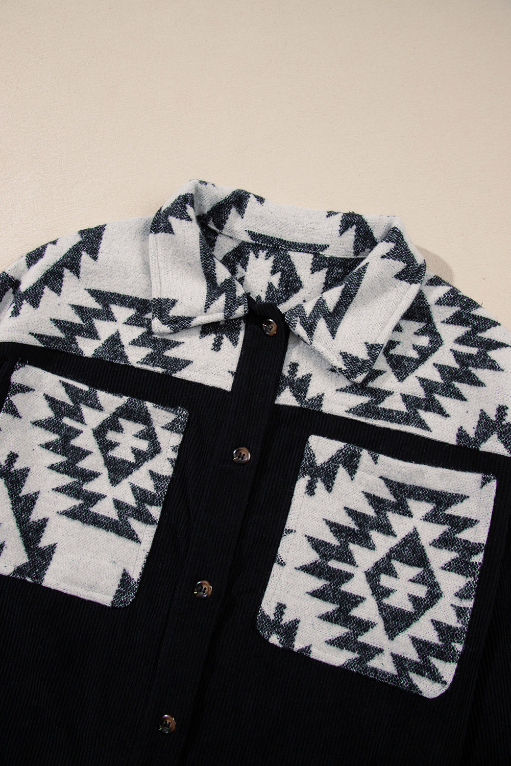 Black Aztec Patchwork Buttoned Corduroy Shacket