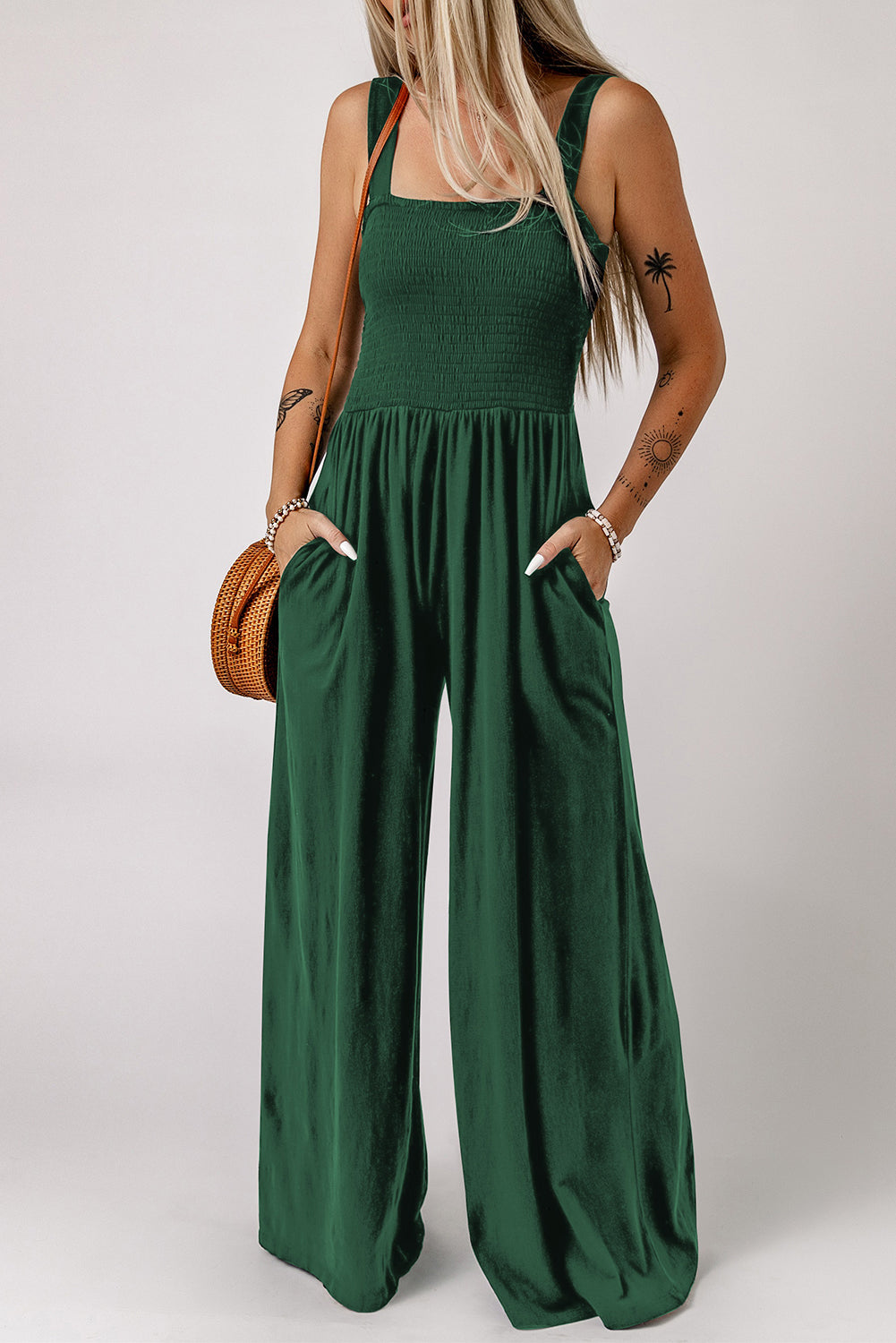 Black Smocked Sleeveless Wide Leg Jumpsuit with Pockets