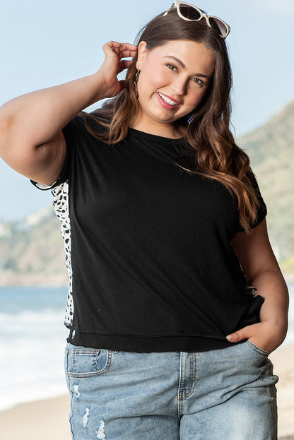 Black Plus Size Cheetah Back Rolled Cuffs T-shirt