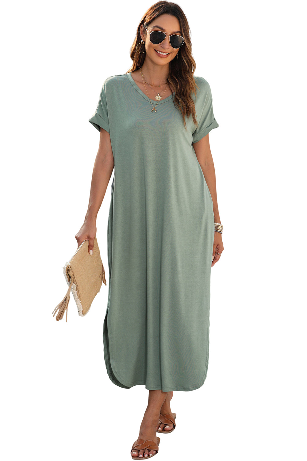 Robe t-shirt longue vert gazon avec poches cachées et col en V